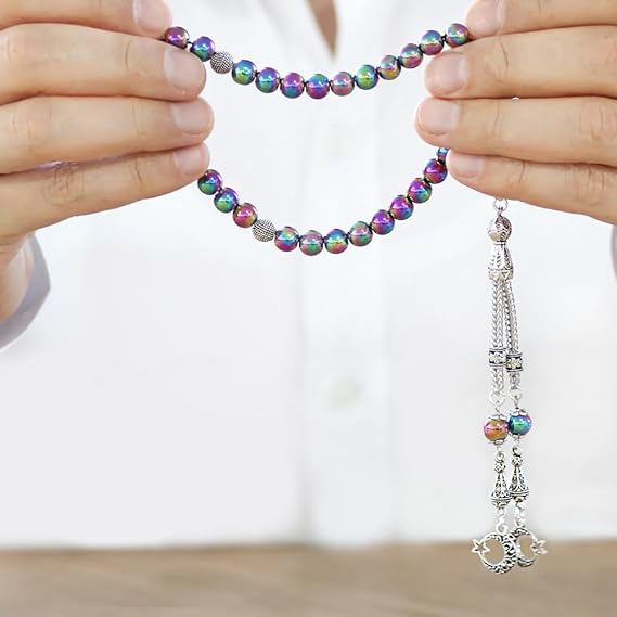 Kararmaz Metal Püsküllü Küre Kesim Multicolor Hematit Doğaltaş Tespih