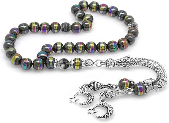 Kararmaz Metal Püsküllü Küre Kesim Multicolor Hematit Doğaltaş Tespih
