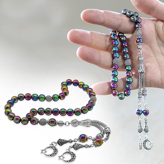 Kararmaz Metal Püsküllü Küre Kesim Multicolor Hematit Doğaltaş Tespih