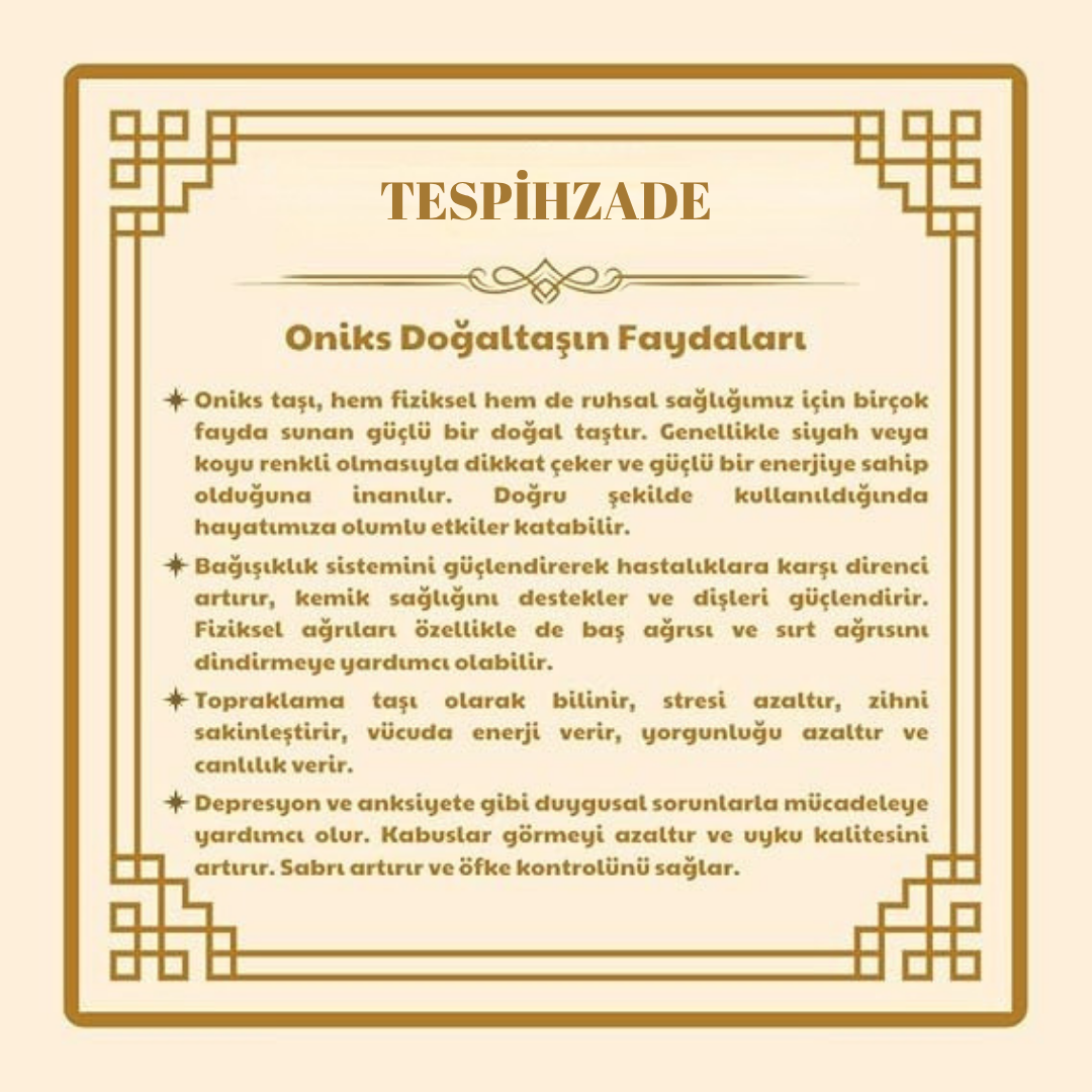 Kararmaz Metal Ayyıldız Püsküllü Arpa Kesim Oniks Doğaltaş Tespih