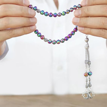 Kararmaz Metal Püsküllü Küre Kesim Multicolor Hematit Doğaltaş Tespih