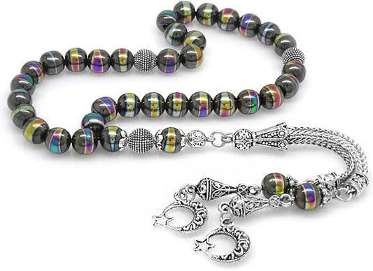Kararmaz Metal Püsküllü Küre Kesim Multicolor Hematit Doğaltaş Tespih
