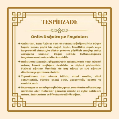 Kararmaz Metal Ayyıldız Püsküllü Arpa Kesim Oniks Doğaltaş Tespih